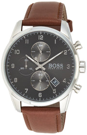 Hugo Boss Navigator Chronograph Grey Dial Brown Leather Strap Watch for Men - 1513494