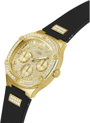Guess Duchess Crystals Gold Dial Black Silicon Strap Watch For Women - GW0619L2