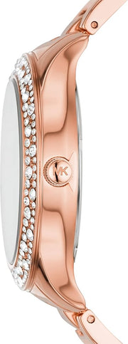 Michael Kors Lilane Three Hand Mother of Pearl White Dial Rose Gold Steel Strap Watch For Women - MK4557