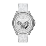 Michael Kors Brecken Chronograph Silver Dial White Leather Strap Watch For Men - MK8949