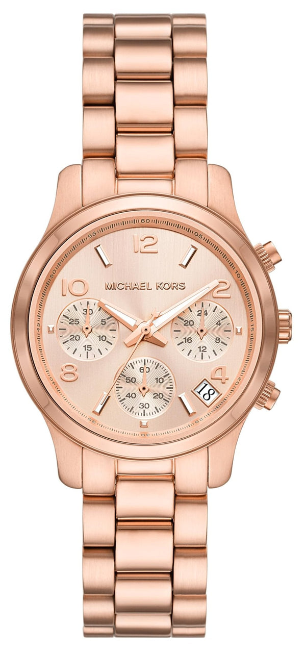 Michael Kors Runway Chronograph Rose Gold Dial Rose Gold Steel Strap Watch For Women - MK7327