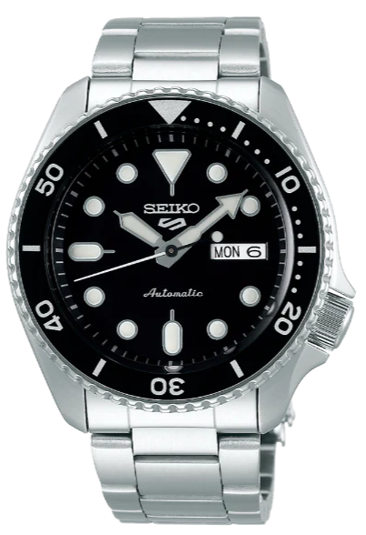 Seiko 5 Sports Automatic Day Date Black Dial Silver Steel Strap Watch for Men - SRPD55K1