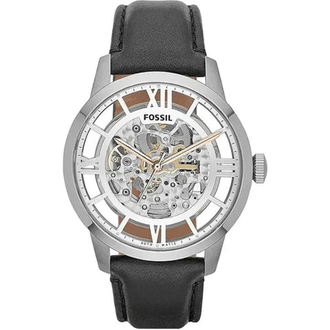 Fossil Townsman Automatic Skeleton Silver Dial Black Leather Strap Watch for Men - ME3041
