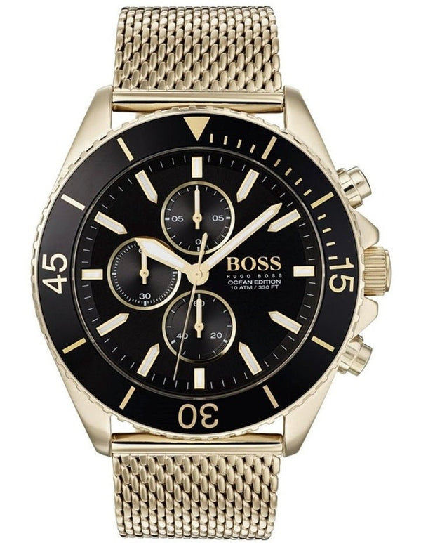 Hugo Boss Ocean Edition Chronograph Black Dial Gold Mesh Bracelet Watch for Men - 1513703