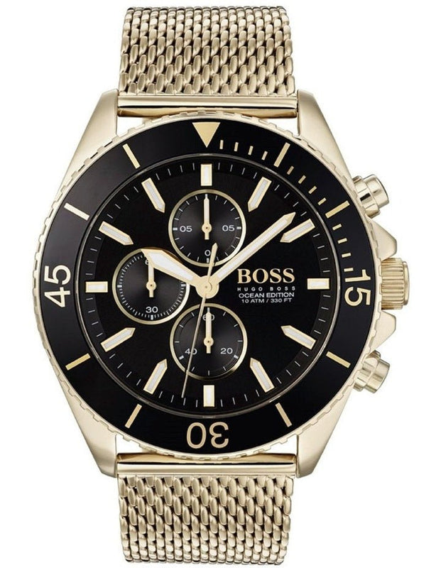 Hugo Boss Ocean Edition Chronograph Black Dial Gold Mesh Bracelet Watch for Men - 1513703