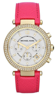 Michael Kors Parker Chronograph White Dial Pink Leather Strap Watch for Women - MK2297