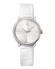 Calvin Klein Accent Silver Dial White Leather Strap Watch for Women - K2Y2Y1KW