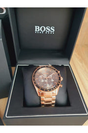 Hugo Boss Trophy Chronograph Grey Dial Rose Gold Steel Strap Watch for Men - 1513632
