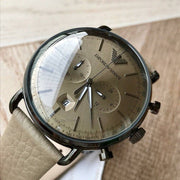 Emporio Armani Aviator Chronograph Grey Dial Beige Leather Strap Watch For Men - AR11107
