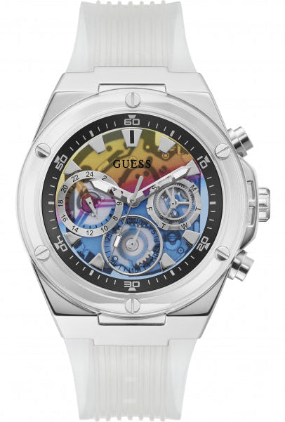 Guess Poseidon Chronograph Rainbow Dial White Silicone Strap Watch For Men - GW0425G4