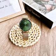 Daniel Wellington Petite Emerald Green Dial Gold Mesh Strap Watch For Women - DW00100481