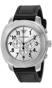 Emporio Armani Sportivo Chronograph Silver Dial Black Leather Strap Watch For Men - AR6054