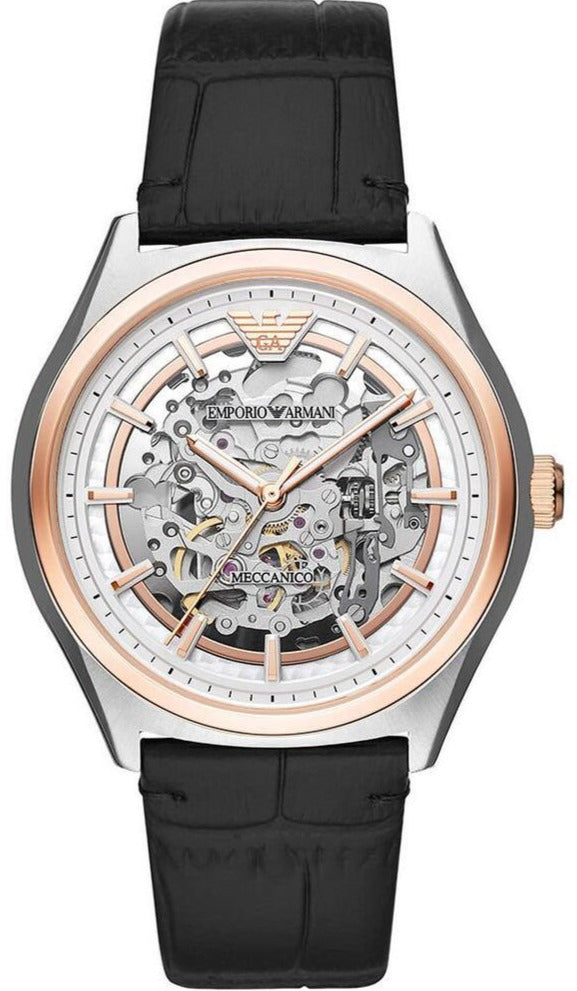 Emporio Armani Zeta Automatic Skeleton Silver Dial Black Leather Strap Watch For Men - AR60018