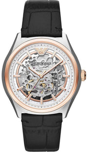 Emporio Armani Zeta Automatic Skeleton Silver Dial Black Leather Strap Watch For Men - AR60018