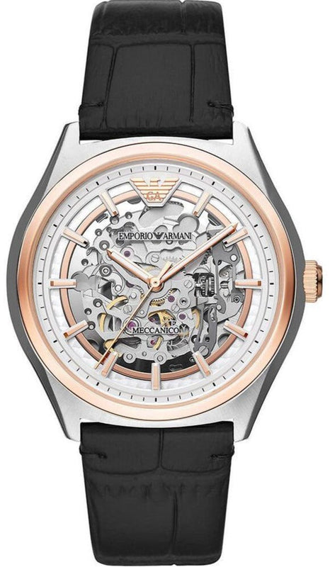 Emporio Armani Zeta Automatic Skeleton Silver Dial Black Leather Strap Watch For Men - AR60018