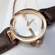 Gucci G Interlocking Mother of Pearl Dial Brown Leather Strap Watch For Women - YA133516