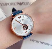 Emporio Armani Meccanico Gianni T-Bar Silver Dial Blue Leather Strap Watch For Women - AR60020