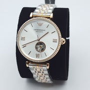 Emporio Armani Meccannico Gianni T-Bar Analog White Dial Two Tone Steel Strap Watch For Women - AR60019