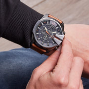 Diesel Mega Chief Chronograph Black Dial Brown Leather Strap Watch For Men - DZ4343