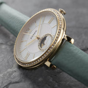 Fossil Jacqueline Analog Moonphase Mother of Pearl White Dial Green Leather Strap Watch for Women - ES5168