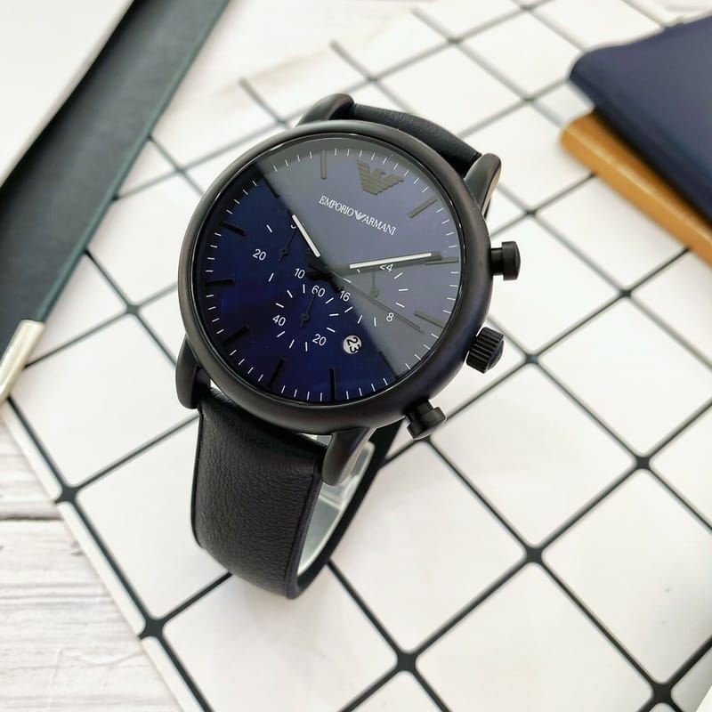 Emporio Armani Luigi Analog Blue Dial Black Leather Strap Watch