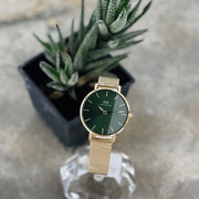 Daniel Wellington Petite Emerald Green Dial Gold Mesh Strap Watch For Women - DW00100480
