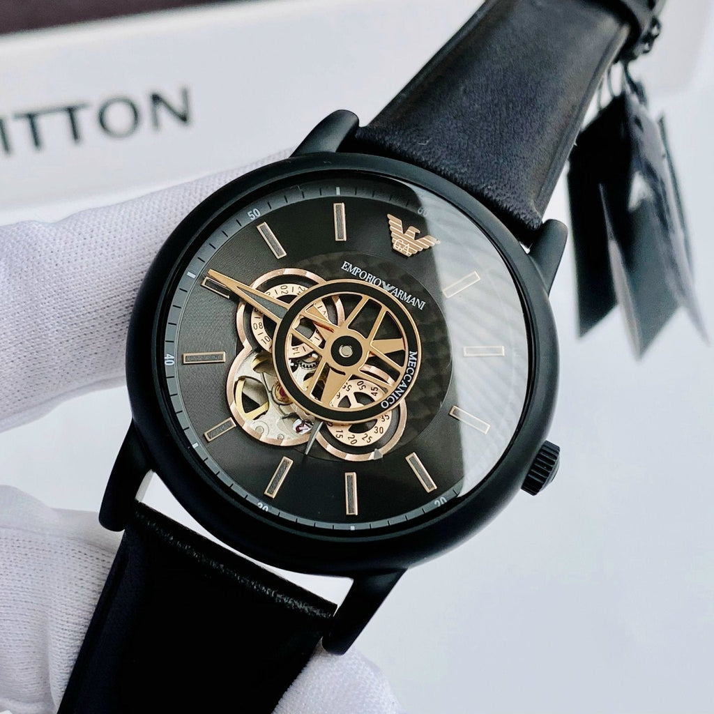 Emporio Armani Luigi Automatic Skeleton Black Dial Black Leather