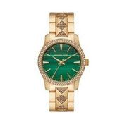 Michael Kors Runway Three Hand Green Dial Gold Steel Strap Watch For Women - MK7390
