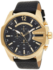 Diesel Mega Chief Chronograph Black Dial Black Leather Strap Watch For Men - DZ4344