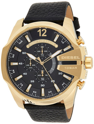 Diesel Mega Chief Chronograph Black Dial Black Leather Strap Watch For Men - DZ4344