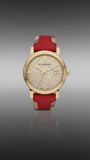 Burberry The City Gold Dial Orange Leather Strap Watch for Women - BU9017