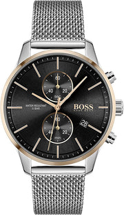 Hugo Boss Associate Chronograph Black Dial Silver Mesh Bracelet Watch for Men - 1513805