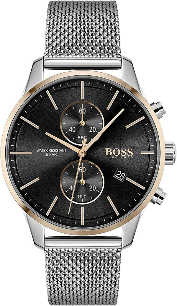 Hugo Boss Associate Chronograph Black Dial Silver Mesh Bracelet Watch for Men - 1513805