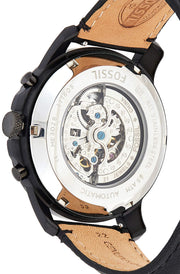 Fossil Grant Automatic Chronograph Black Dial Black Leather Strap Watch for Men - ME3028