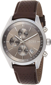 Hugo Boss Grand Prix Chronograph Grey Dial Brown Leather Strap Watch for Men -  1513476