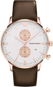 Emporio Armani Gianni Classic Chronograph White Dial Brown Leather Strap Watch For Men - AR0398