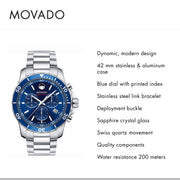 Movado Series 800 Chronograph Blue Dial Silver Steel Strap Watch For Men - 2600141