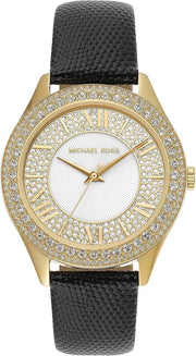 Michael Kors Harlowe Analog White Dial Black Leather Strap Watch For Women - MK2988