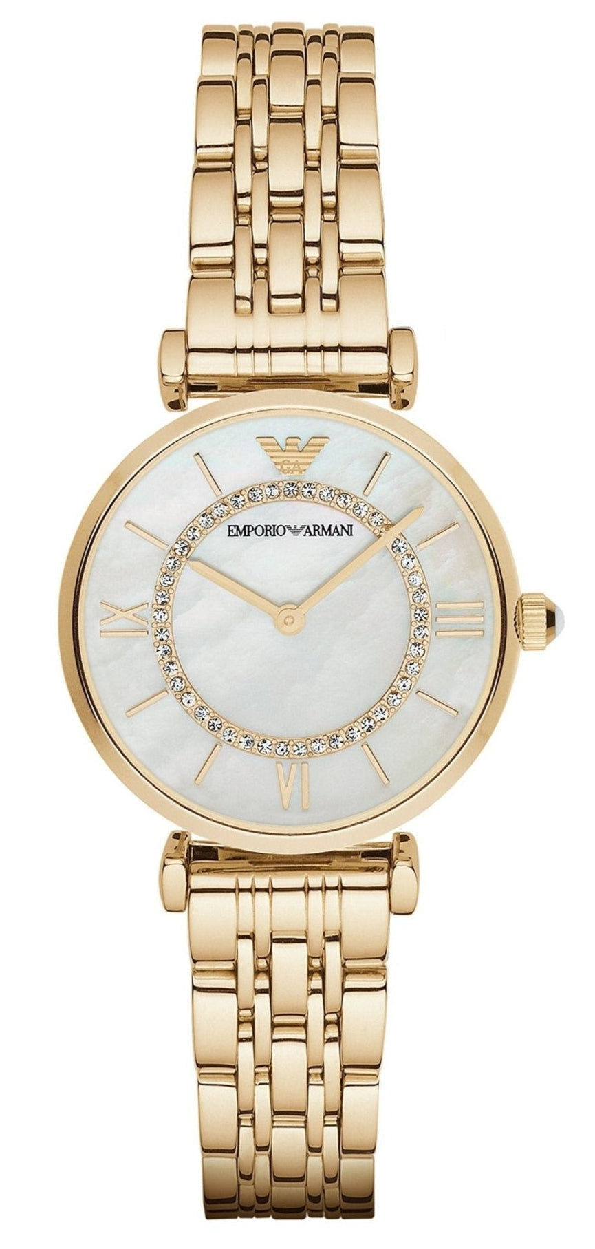 Emporio Armani Gianni T Bar Mother of Pearl White Dial Gold Steel Strap Watch For Women - AR190700