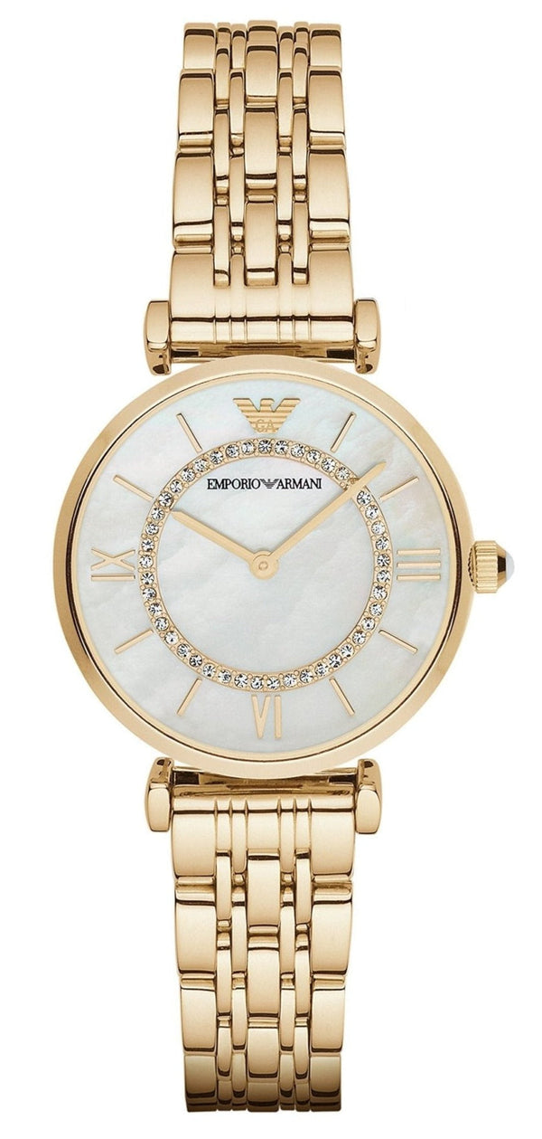 Emporio Armani Gianni T Bar Mother of Pearl White Dial Gold Steel Strap Watch For Women - AR190700