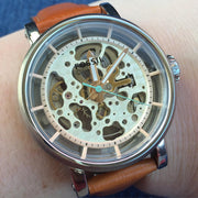 Fossil Boyfriend Automatic Skeleton Silver Dial Brown Leather Strap Watch for Women - ME3109