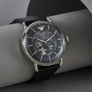 Emporio Armani Meccanico Skeleton Black Dial Black Leather Strap Watch For Men - AR60026