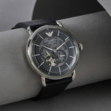 Emporio Armani Meccanico Skeleton Black Dial Black Leather Strap Watch For Men - AR60026