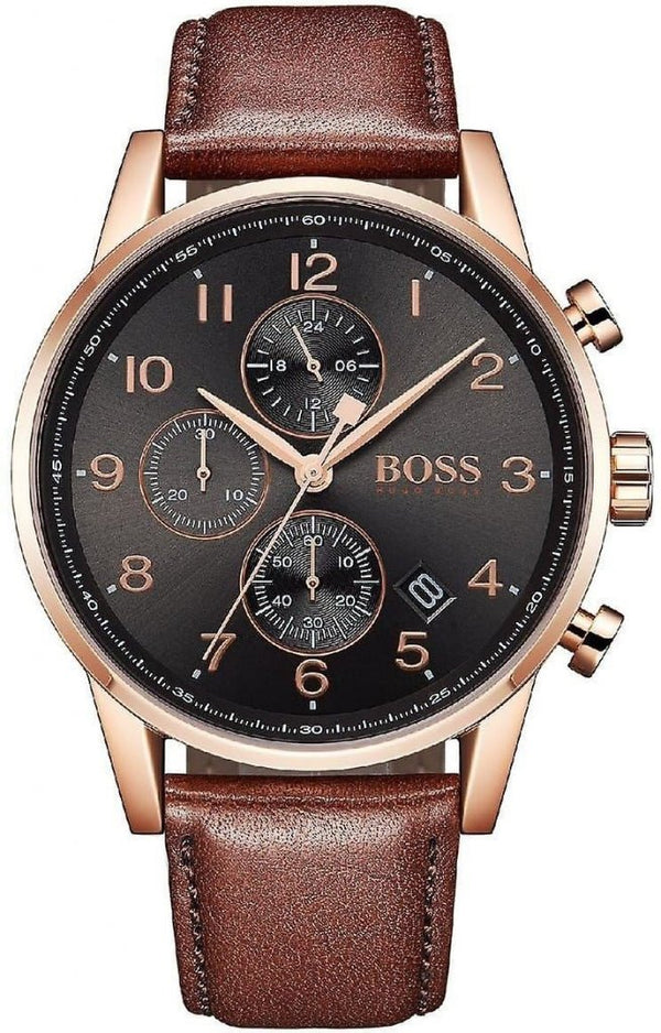 Hugo Boss Navigator Chronograph Grey Dial Brown Leather Strap Watch for Men - 1513496