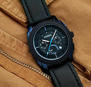 Fossil Machine Chronograph Black Dial Black Leather Strap Watch for Men - FS5361