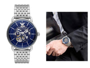 Emporio Armani Aviator Skeleton Blue Dial Silver Mesh Bracelet Watch For Men - AR60024
