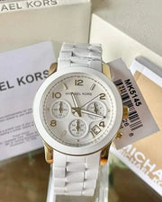 Michael Kors Runway Chronograph White Dial White Steel Strap Watch for Women - MK5145