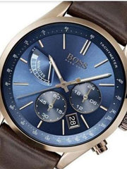 Hugo Boss Grand Prix Chronograph Blue Dial Brown Leather Strap Watch for Men - 1513604