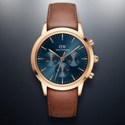 Daniel Wellington Iconic Chronograph Blue Dial Brown Leather Strap Watch For Men - DW00100639