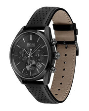 Hugo Boss Grand Prix Chronograph Black Dial Black Leather Strap Watch for Men - 1513474